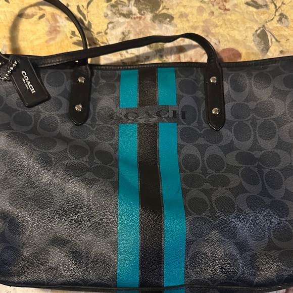 Coach Navy and Teal Signature Tote - Picture 1 of 4